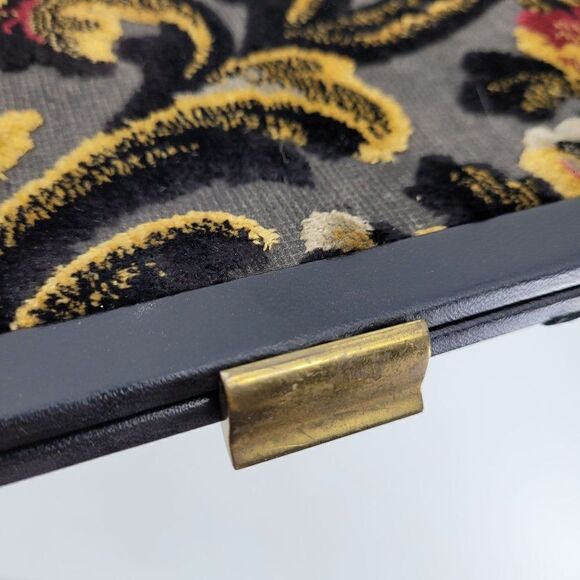 Vintage 60s Verdi Tapestry Carpet Bag Clutch Black 3D Embroidered Floral Framed - Picture 9 of 13